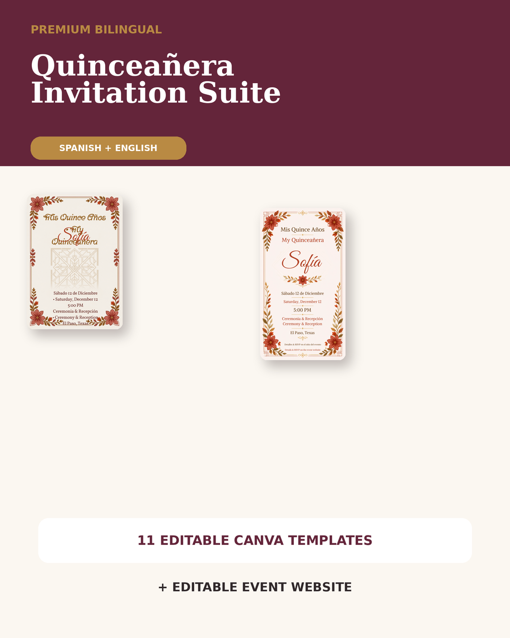 Premium bilingual Quinceañera invitation suite with 11 editable Canva templates and event website