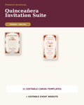 Premium bilingual Quinceañera invitation suite with 11 editable Canva templates and event website