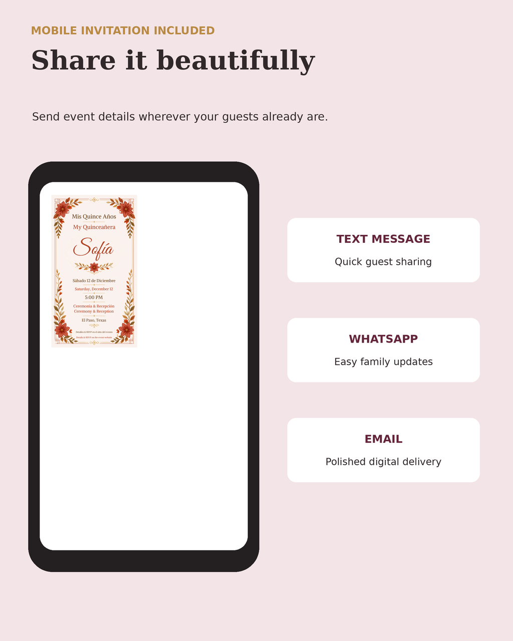 Mobile Quinceañera invitation for text WhatsApp and email sharing