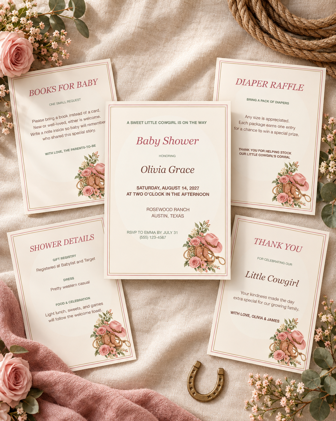 Blush cowgirl editable baby shower invitation bundle preview