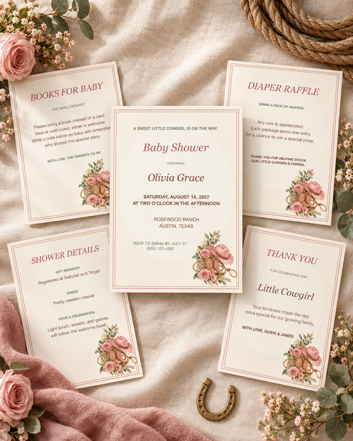 Blush cowgirl editable baby shower invitation bundle preview