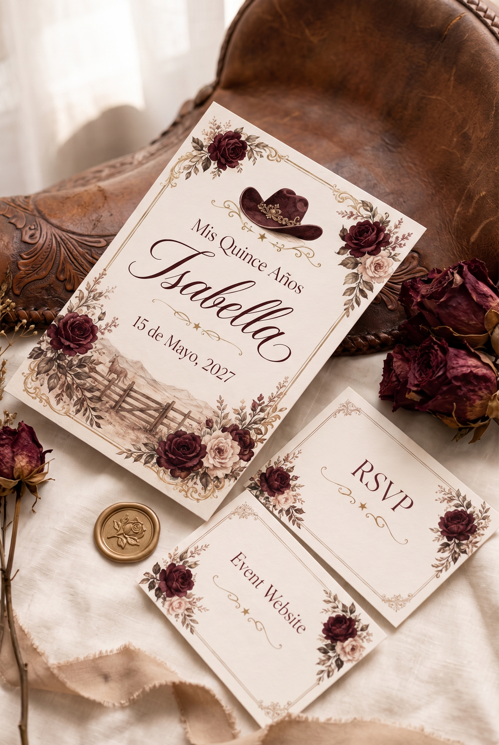 Burgundy Rose Ranch Quinceañera invitation suite lifestyle preview