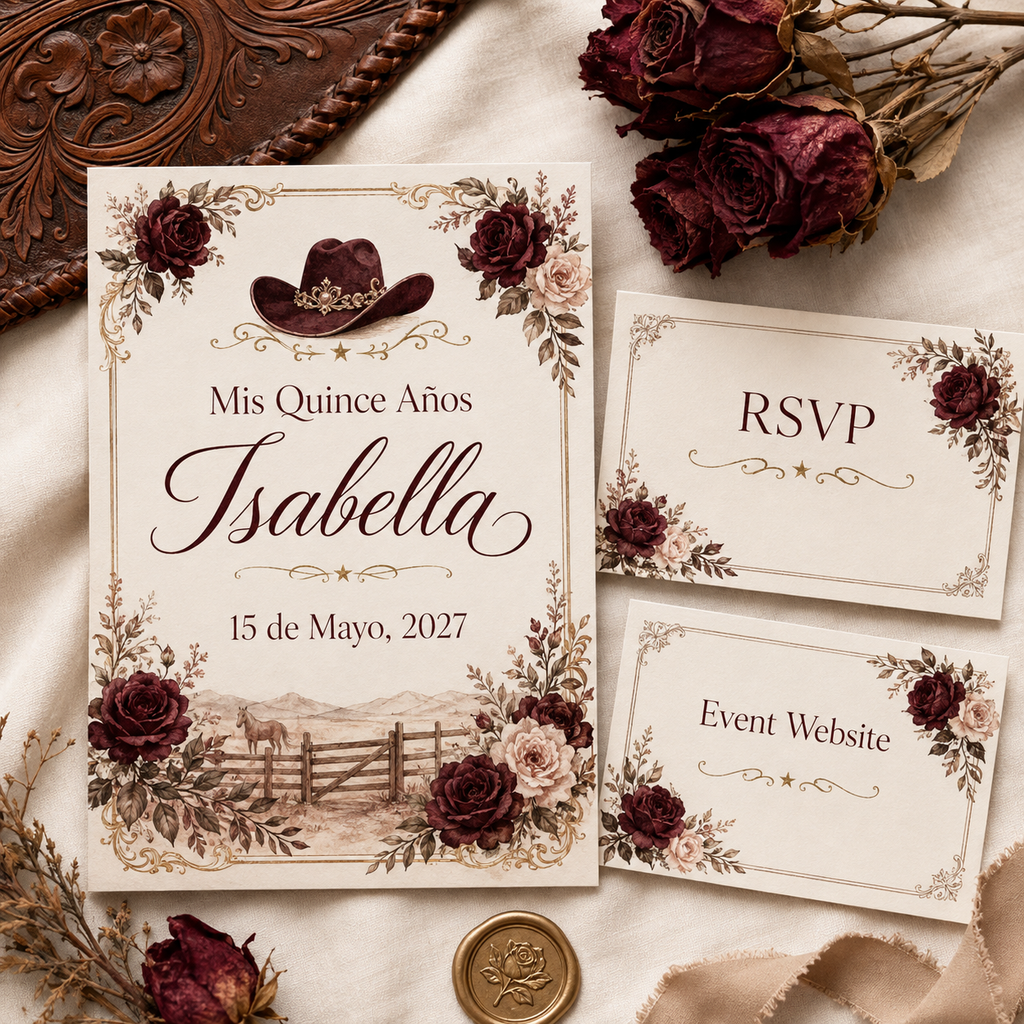 Burgundy Rose Ranch Quinceañera invitation suite preview