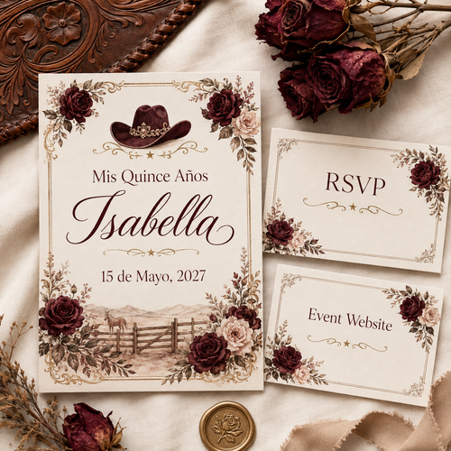 Burgundy Rose Ranch Quinceañera invitation suite preview