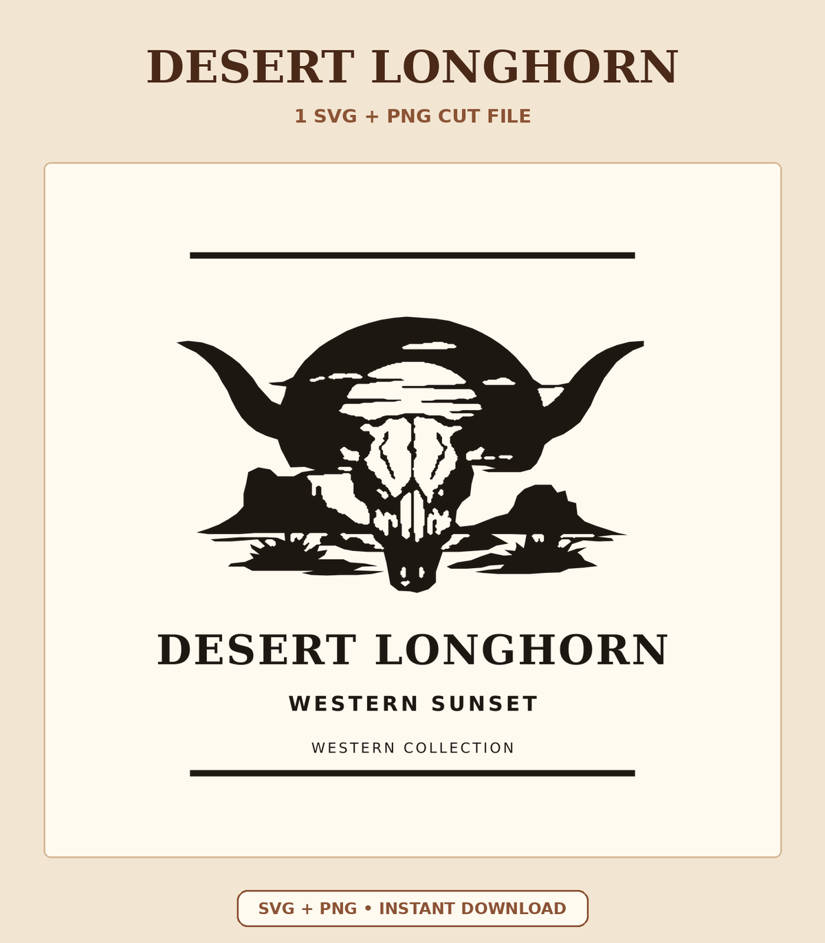 Desert Longhorn skull and sunset SVG and PNG cut file