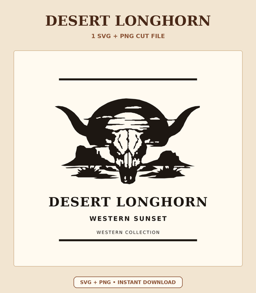Desert Longhorn skull and sunset SVG and PNG cut file