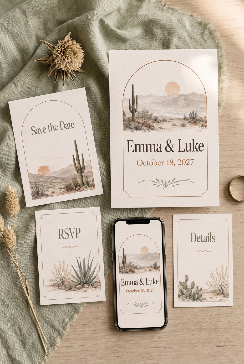Desert Sage western wedding invitation bundle lifestyle preview