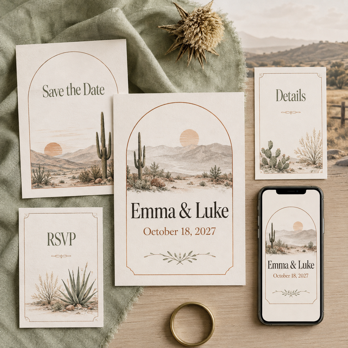 Desert Sage Western Wedding invitation bundle preview