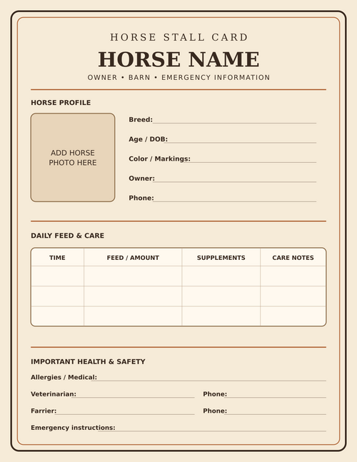 Western editable horse stall card and feed schedule printable preview
