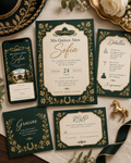 Emerald and gold charro Quinceañera editable invitation suite preview