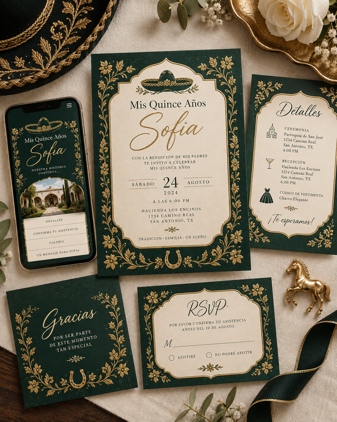 Emerald and gold charro Quinceañera editable invitation suite preview