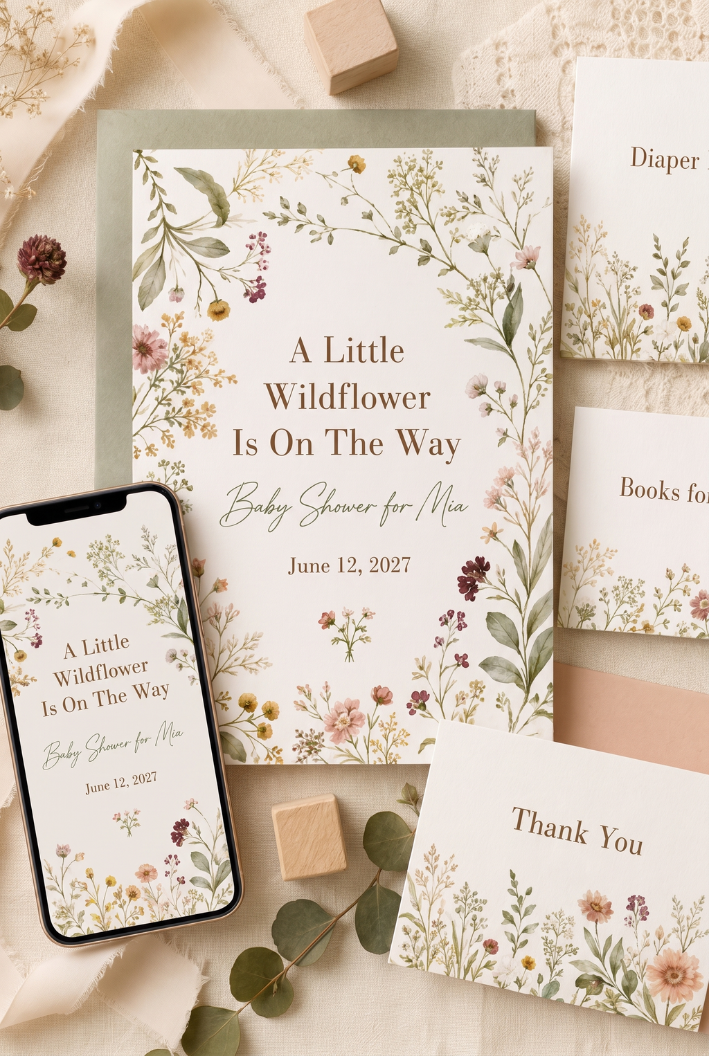 Little Wildflower baby shower invitation bundle lifestyle preview