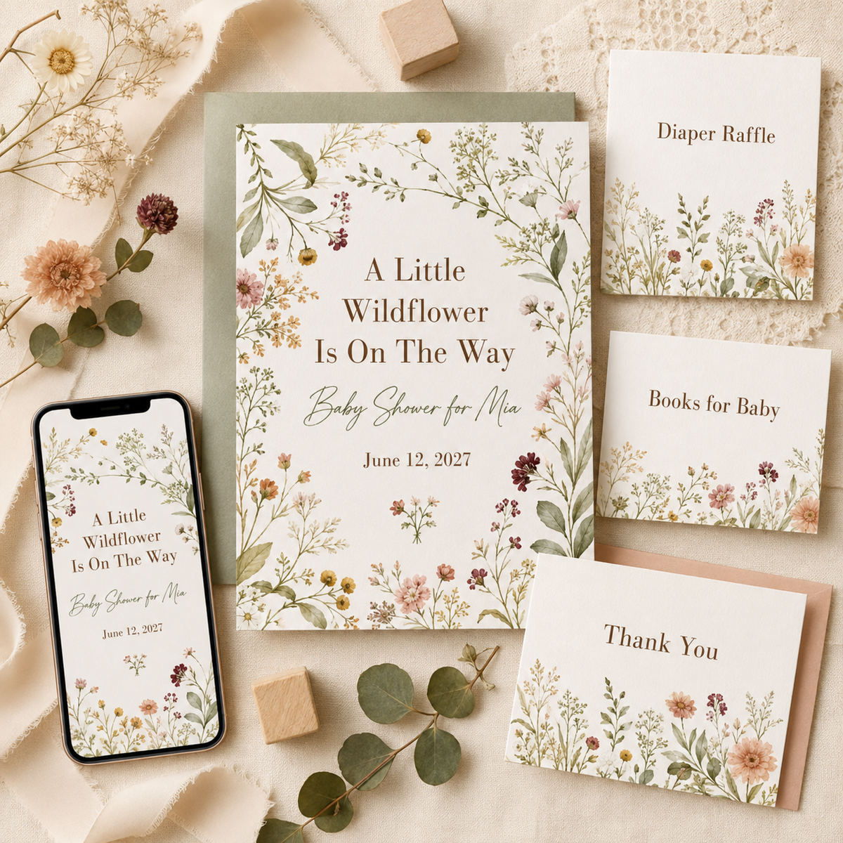 Little Wildflower baby shower invitation collection preview