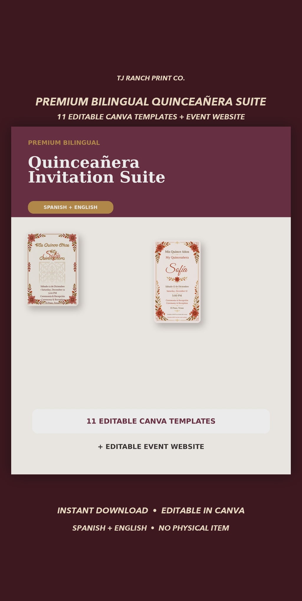Premium bilingual Quinceañera invitation suite with editable Canva templates and event website