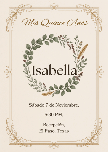 Sage Botanical Quinceañera invitation included in the five-template bundle