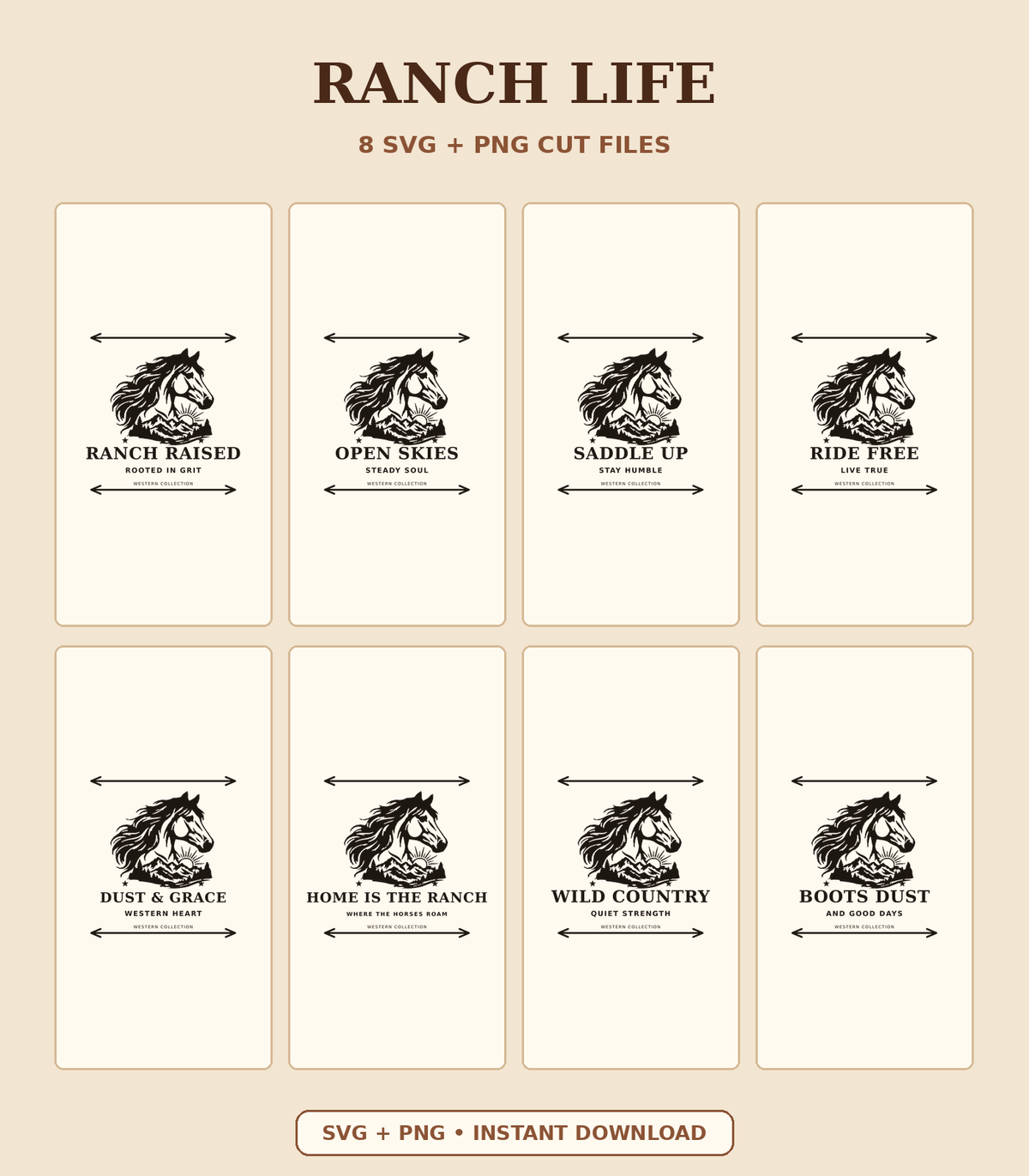 Ranch Life bundle with eight horse and mountain SVG and PNG designs