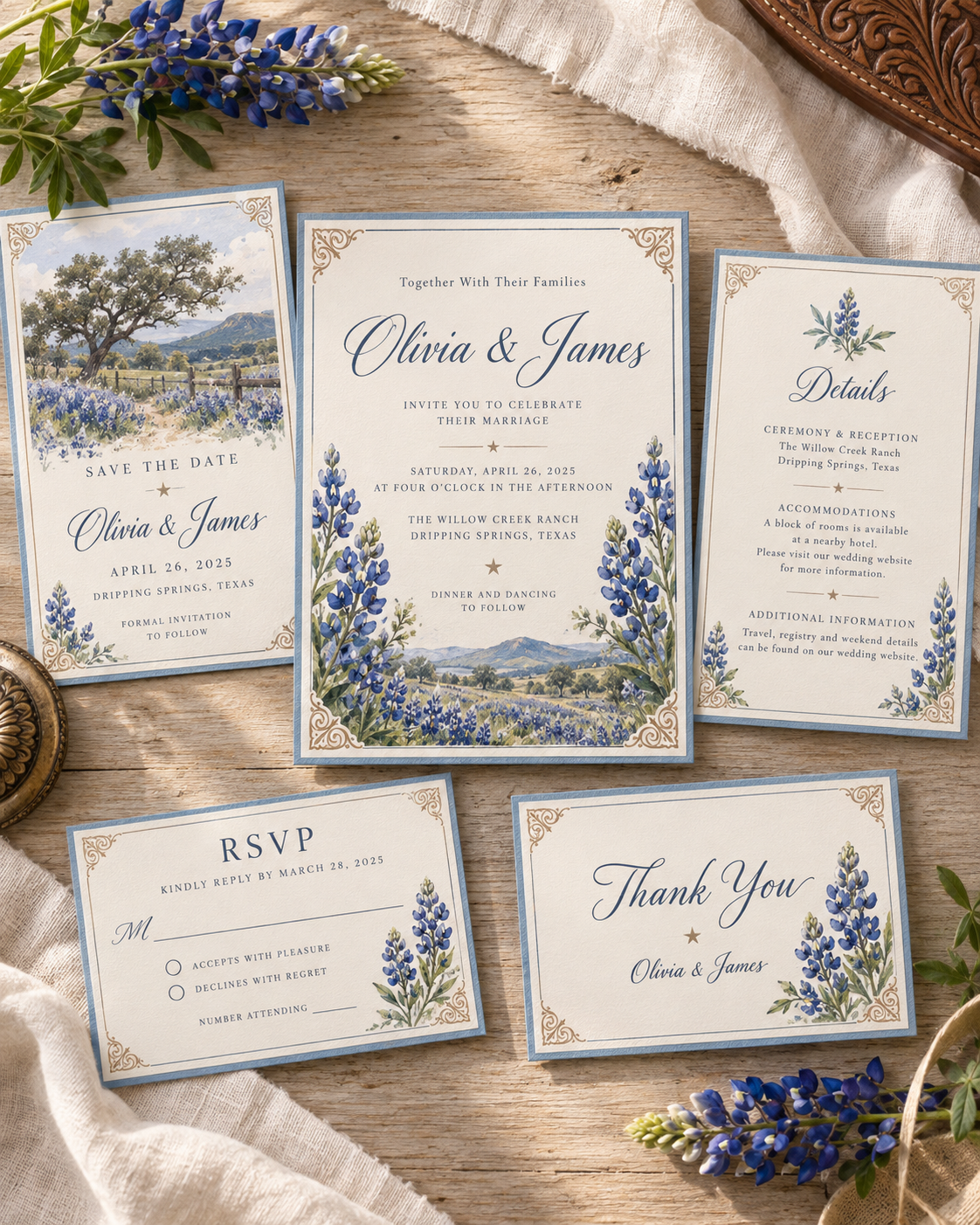 Texas bluebonnet western wedding editable invitation bundle preview