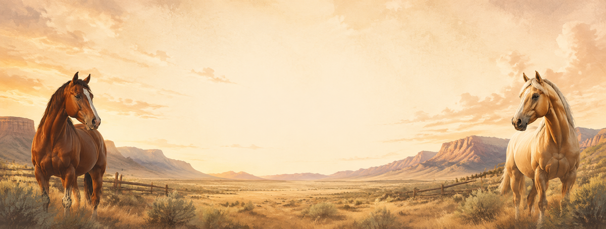 Two horses in a warm Western ranch landscape at sunset