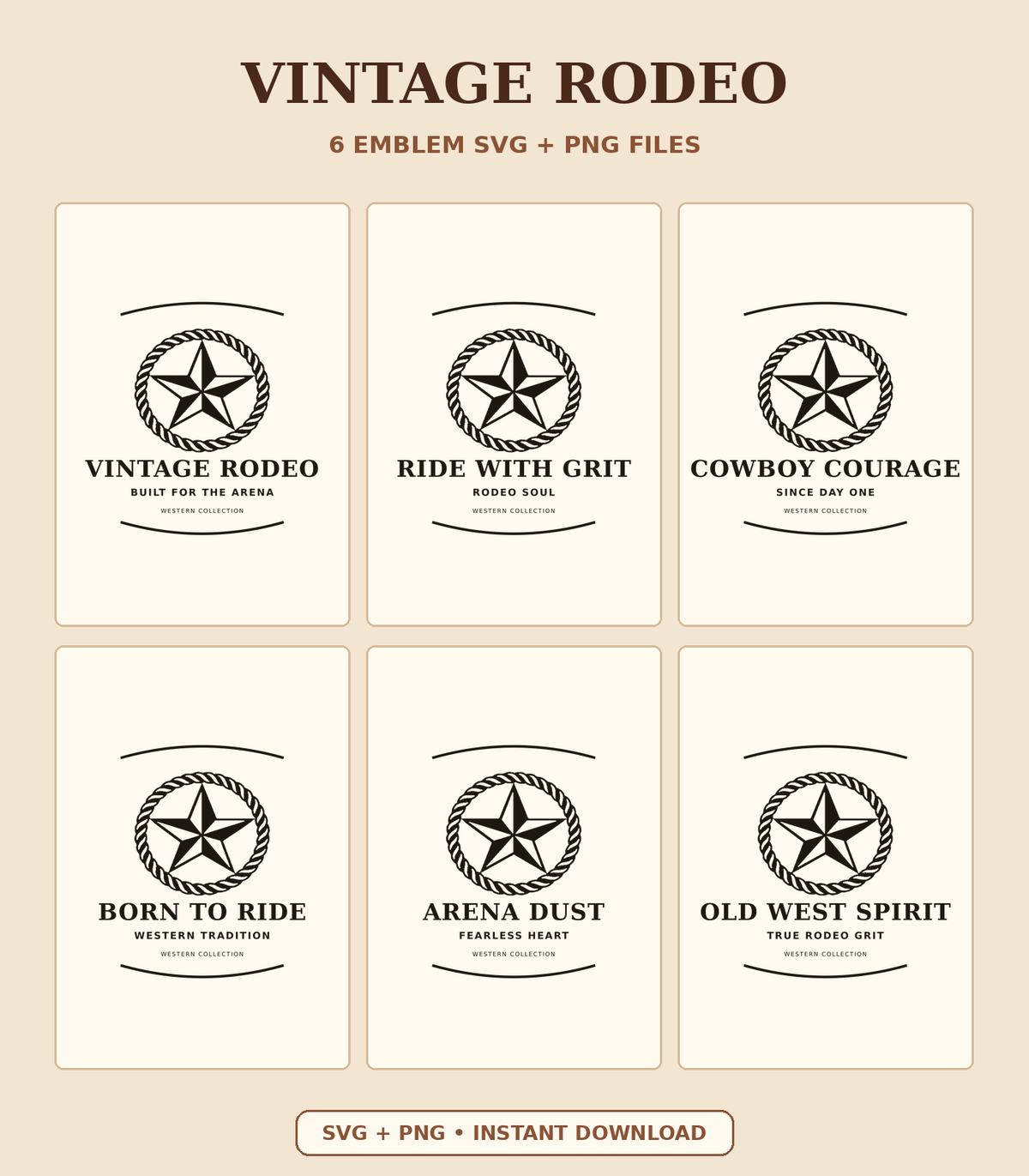 Vintage Rodeo bundle with six star and rope emblem SVG and PNG designs