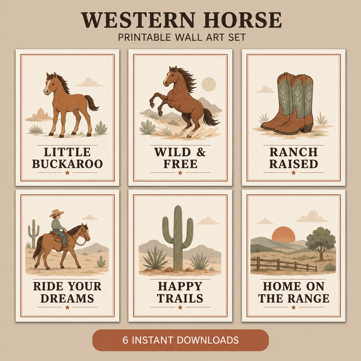Western Horse Printable Wall Art Set with six nursery designs