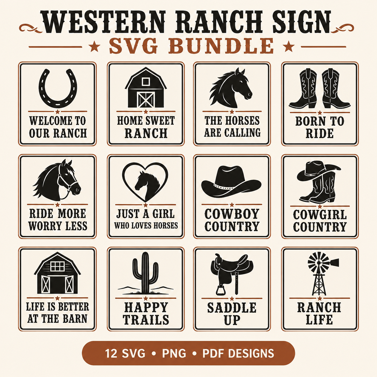 Western Ranch Sign SVG Bundle with twelve clear cowboy and horse designs