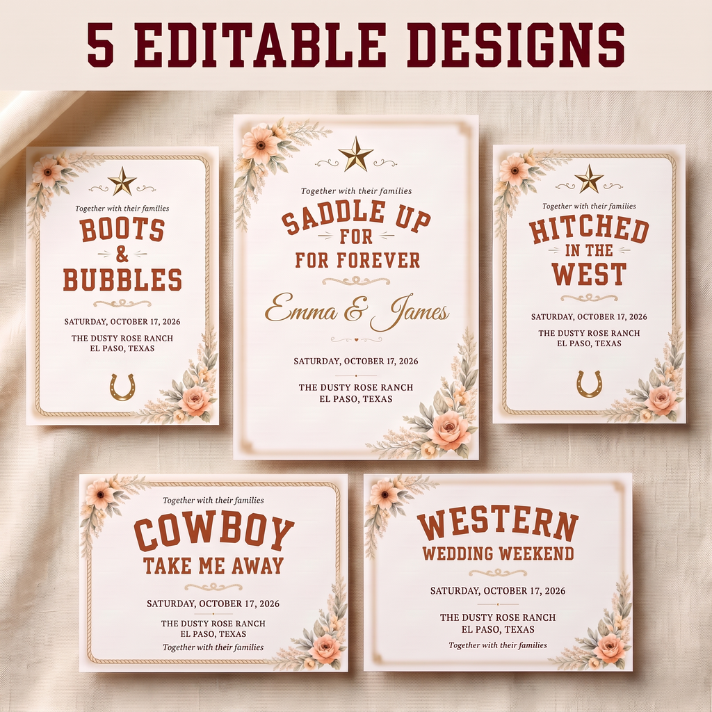 Five editable Western wedding invitation designs