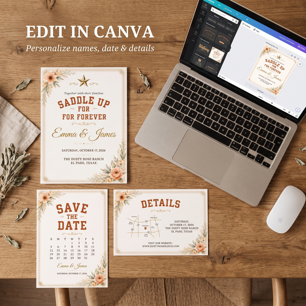 Editable Canva Western wedding invitation templates
